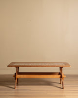 Trestle Base Oak & Floral Tile Coffee Table, Denmark, 1970s