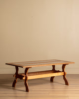 Trestle Base Oak & Floral Tile Coffee Table, Denmark, 1970s