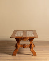 Trestle Base Oak & Floral Tile Coffee Table, Denmark, 1970s