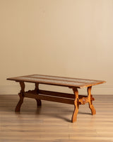 Trestle Base Oak & Floral Tile Coffee Table, Denmark, 1970s
