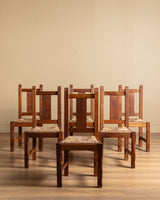 Set of 6 Brutalist Oak & Rush Dining Chairs, Belgium, 1960s
