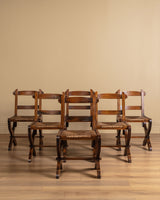 Set of 6 Brutalist Wood & Rush Gouge Carved Dining Chairs, 1960s