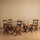 Set of 6 Brutalist Wood & Rush Gouge Carved Dining Chairs, 1960s