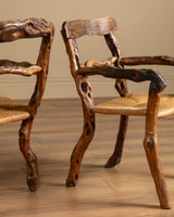 Pair of Rustic Branch & Woven Rush Armchairs, France, 1970's