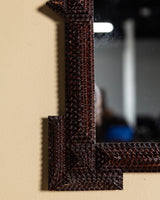 Dark Tramp Art Mirror with Exaggerated Corners, Late 19th Century