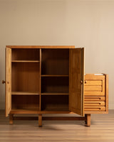 Guillerme et Chambron Oak Bar Cabinet with Travertine Top, France, 1970s