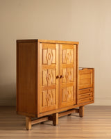 Guillerme et Chambron Oak Bar Cabinet with Travertine Top, France, 1970s