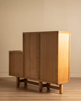 Guillerme et Chambron Oak Bar Cabinet with Travertine Top, France, 1970s