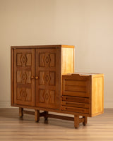 Guillerme et Chambron Oak Bar Cabinet with Travertine Top, France, 1970s