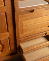 Guillerme et Chambron Oak Bar Cabinet with Travertine Top, France, 1970s