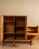 Guillerme et Chambron Oak Bar Cabinet with Travertine Top, France, 1970s