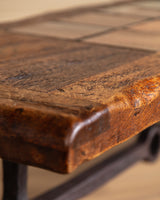 Elm & Tile Coffee Table on Sculptural Iron Base, France, 1960's