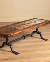 Elm & Tile Coffee Table on Sculptural Iron Base, France, 1960's
