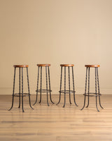 Set of 4 French Oak & Twisted Iron Bar Stools, 1960's