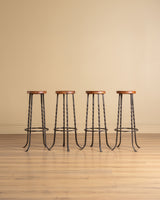 Set of 4 French Oak & Twisted Iron Bar Stools, 1960's
