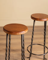 Set of 4 French Oak & Twisted Iron Bar Stools, 1960's