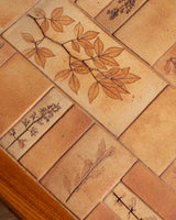 French Elm & Botanical Tile Coffee Table Manner of Capron, France, 1970's