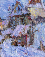Impasto Winter Village Oil Painting in Cubed Frame, Europe, 1950's