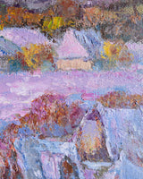 Impasto Winter Village Oil Painting in Cubed Frame, Europe, 1950's