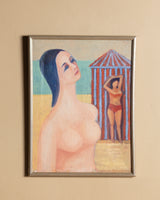 Modernist Nude & Striped Beach Cabana Oil Painting, Italy, 1950's