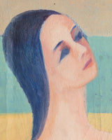 Modernist Nude & Striped Beach Cabana Oil Painting, Italy, 1950's