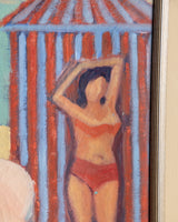 Modernist Nude & Striped Beach Cabana Oil Painting, Italy, 1950's