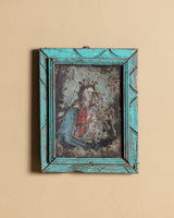 Madonna & Child Devotional Art on Tin in Teal Frame, Early 20th Century