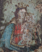 Madonna & Child Devotional Art on Tin in Teal Frame, Early 20th Century