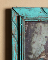 Madonna & Child Devotional Art on Tin in Teal Frame, Early 20th Century