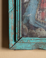 Madonna & Child Devotional Art on Tin in Teal Frame, Early 20th Century