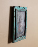 Madonna & Child Devotional Art on Tin in Teal Frame, Early 20th Century