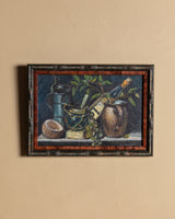Painterly Wine, Grapes & Coconut Still Life Oil Painting, Mid-Century