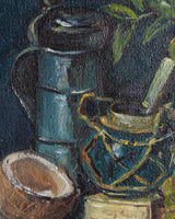 Painterly Wine, Grapes & Coconut Still Life Oil Painting, Mid-Century
