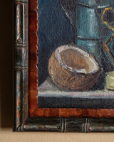 Painterly Wine, Grapes & Coconut Still Life Oil Painting, Mid-Century