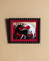 Black & White Horse Cloisonné Enamel Panel in Bobbin Frame