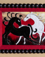 Black & White Horse Cloisonné Enamel Panel in Bobbin Frame