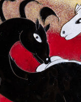 Black & White Horse Cloisonné Enamel Panel in Bobbin Frame