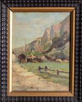 Impressionistic Mountain Village Oil Painting in Dutch-Style Ripple Frame, 19th Century
