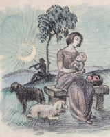 Pastoral Mother & Child Watercolor in Tramp Art Frame, France