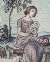 Pastoral Mother & Child Watercolor in Tramp Art Frame, France