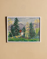 Folk-Style Mountain Cottage Oil Landscape, Signed K. Buckley