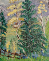 Folk-Style Mountain Cottage Oil Landscape, Signed K. Buckley