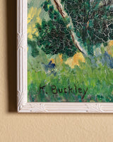 Folk-Style Mountain Cottage Oil Landscape, Signed K. Buckley