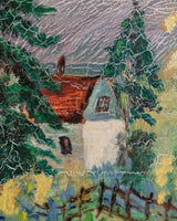 Folk-Style Mountain Cottage Oil Landscape, Signed K. Buckley