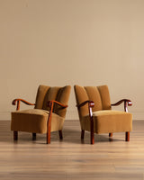 Swedish Ochre Mohair & Wood Lounge Chairs, 1940's