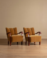 Swedish Ochre Mohair & Wood Lounge Chairs, 1940's