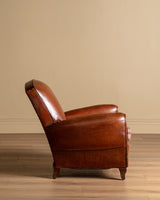 Art Deco Style Leather Club Chair with Plaid Wool Cushion, France, 1940's