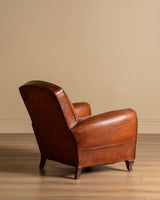 Art Deco Style Leather Club Chair with Plaid Wool Cushion, France, 1940's
