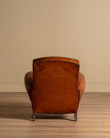 Art Deco Style Leather Club Chair with Plaid Wool Cushion, France, 1940's