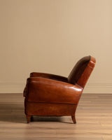 Art Deco Style Leather Club Chair with Plaid Wool Cushion, France, 1940's